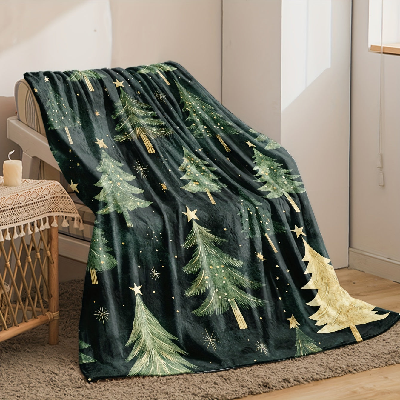 Get cozy with this green Christmas tree print Flannel Fleece Throw Blanket. Whether you're snuggling up on the sofa, bed, or in the office, this soft and warm blanket provides year-round comfort. It's machine washable, anti-allergen, and made with a