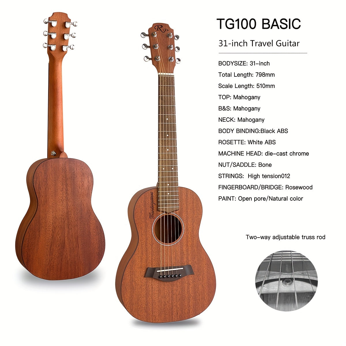 RP TG100 Compact 76.2cm Acoustic Travel Guitar - Ideal for Family Gatherings & Beginners, Rosewood Neck, Sapele Back & Sides, Bone Nut