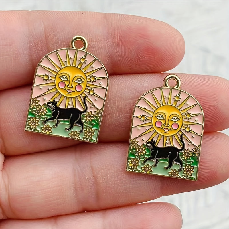 Set of 8 Sun & Moon Cat Charms - Enamel Pendants with Gold Plating for Making DIY Jewelry, Necklaces, and Earrings