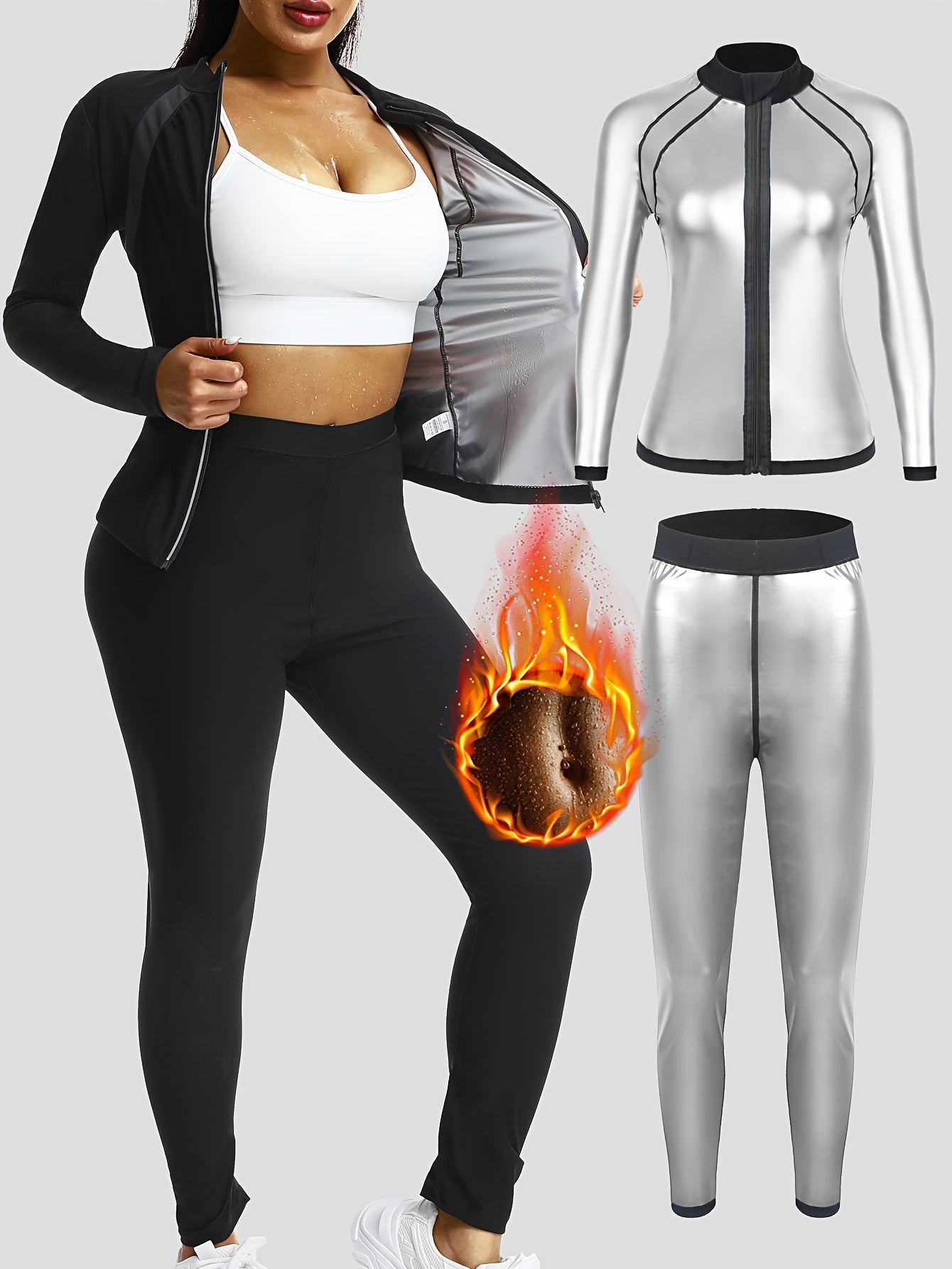 Women's fitness long sleeve pants suit for sauna sports, European and American design. Perfect for yoga and fitness, includes jacket and shorts.