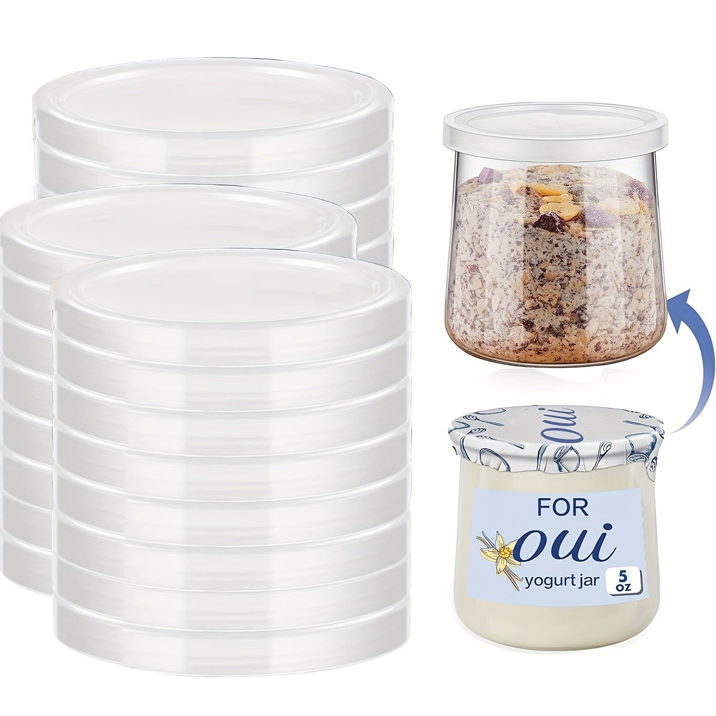 30 to 60 pieces of Oui Yogurt Jar Lids. These clear plastic blue lids are perfect for cookie and coffee supplies, as well as storing glass jars in the kitchen. Perfect for kitchen storage needs.