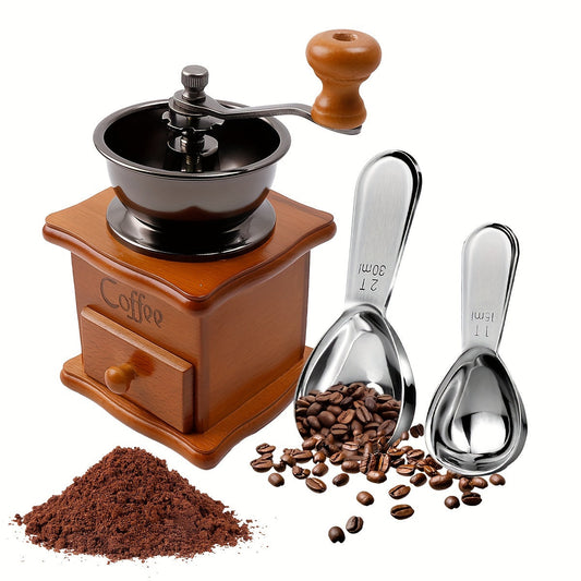 Vintage Manual Coffee Grinder Set includes one or two pieces, featuring a classic hand crank mill with a ceramic core. The set comes with measurement scoops and is a non-electric coffee bean grinding tool perfect for DIY pour-over brews.