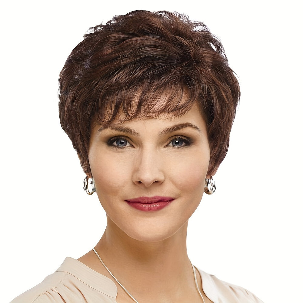 Elegant 10-Inch Synthetic Brown Curly Wig with Side Bangs for Daily Wear