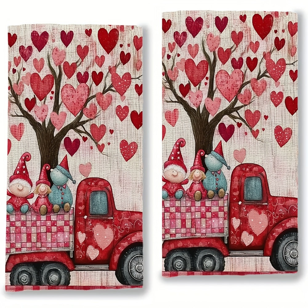 Pair of 2 ultra-soft kitchen towels featuring a Valentine's Day truck design with gnomes, ideal for holiday decor. These highly absorbent dish towels are machine washable and measure 40.64x60.96 cm.