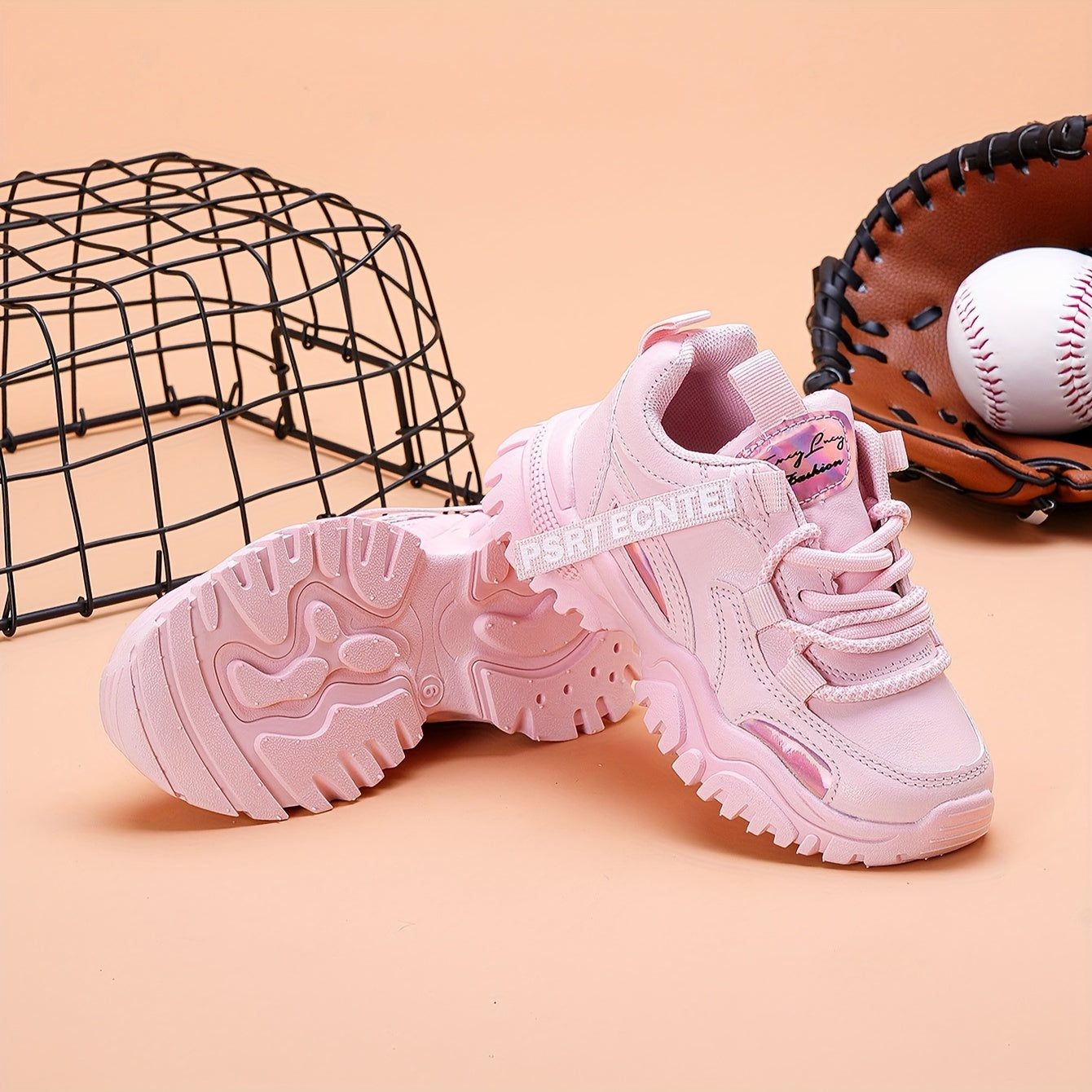 Breathable low-top sneakers for girls and boys with streamer design in pink and white, suitable for all-season wear for outdoor activities, running, and everyday use.