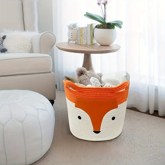 Large Woven Storage Basket For Clothes, Home Decor - Adorable Fox Design Made of Cotton Rope