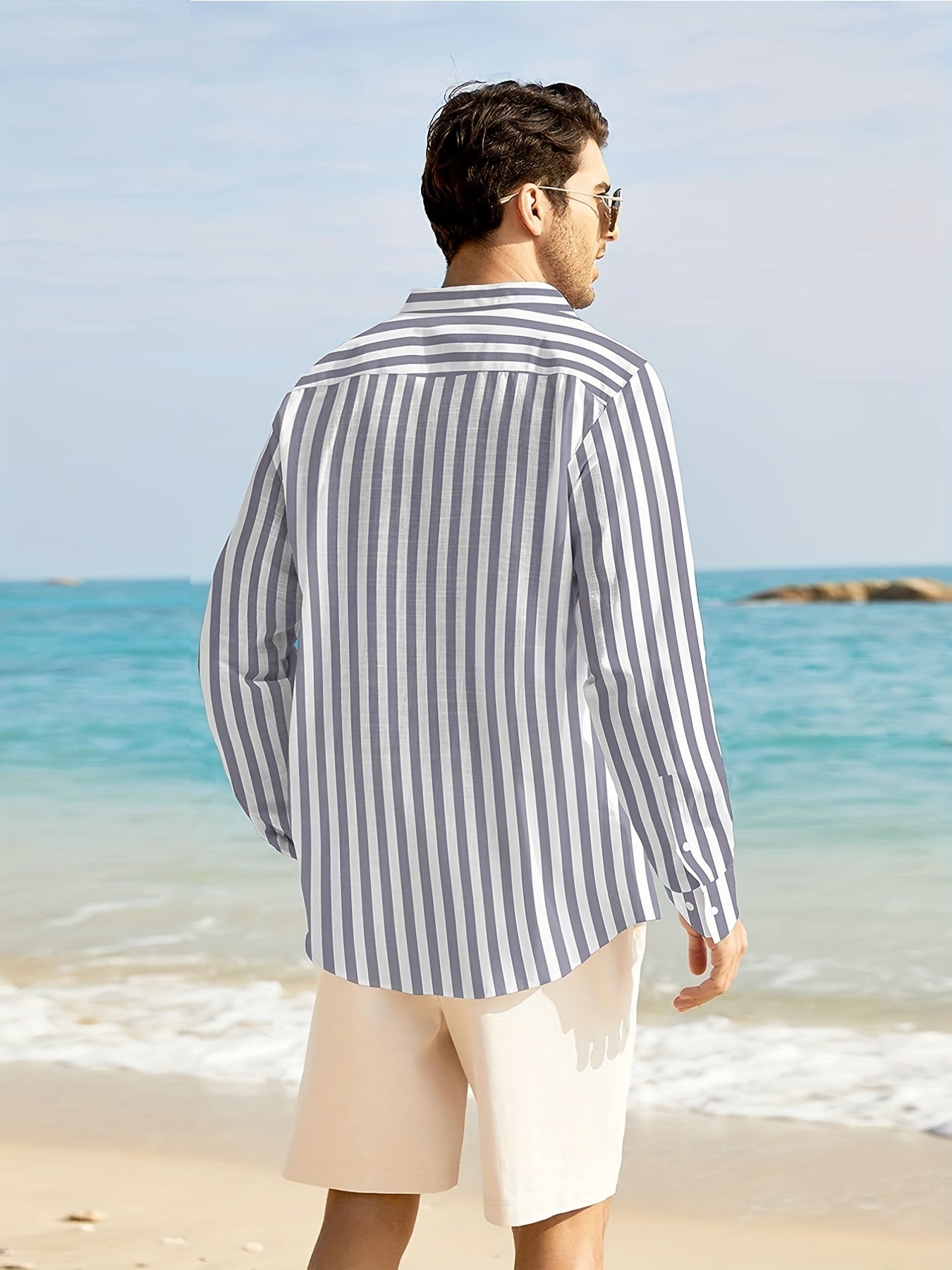 Men's vertical striped band collar shirt with long sleeves and regular fit, suitable for casual wear on the beach or for daily yoga.