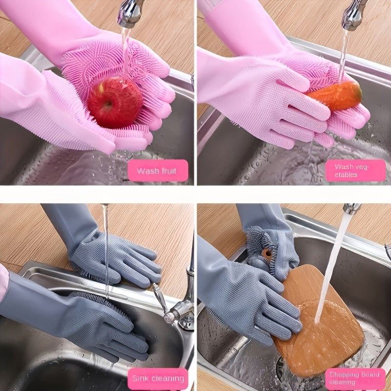 One set of Silicone Dishwashing Gloves with a built-in scrub brush - Waterproof and Heat-Resistant, Lead-Free, Perfect for Cleaning Kitchen, Bathroom, Floors, Furniture, and Glass, in Gray color.