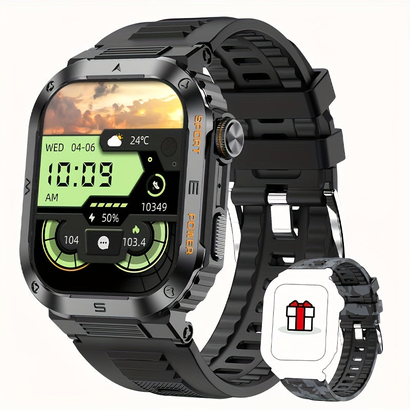 New durable smart watch for men with wireless calling, sports and fitness features, AI voice assistance, and outdoor capabilities with phone connectivity.