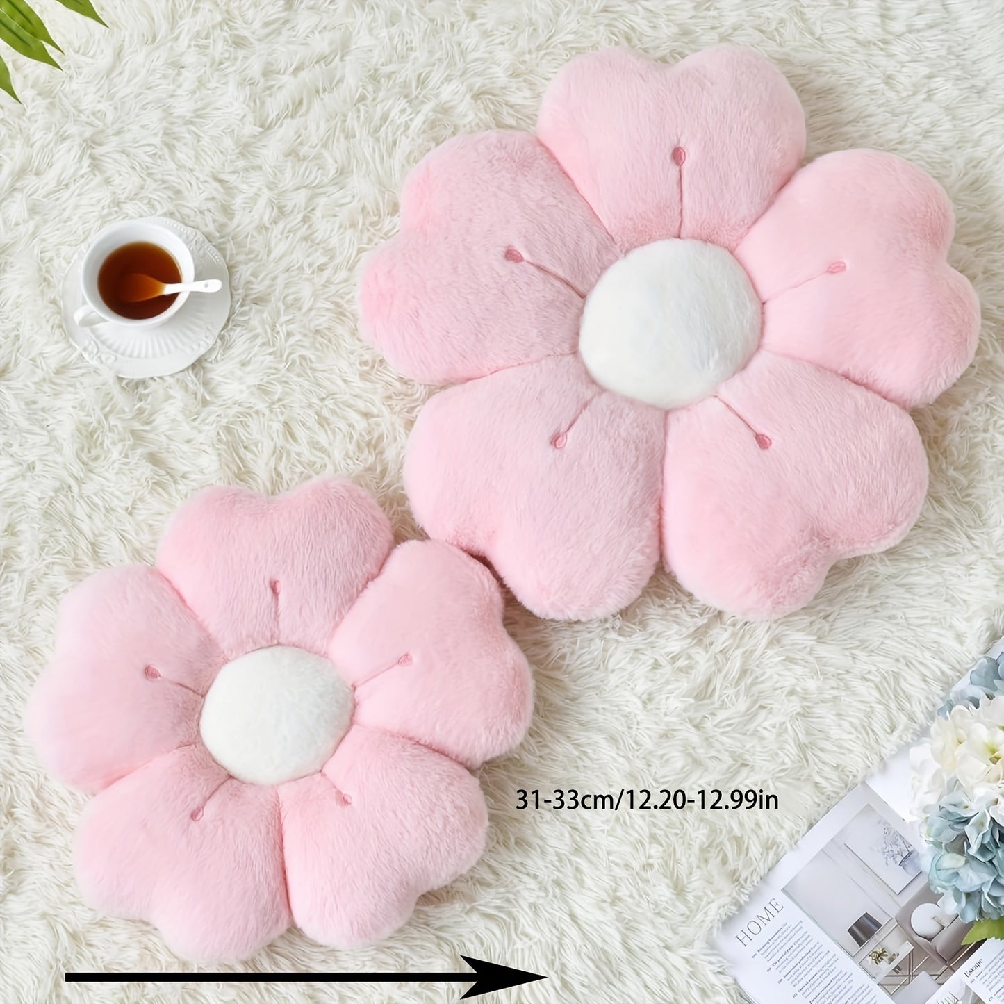 Plush daisy flower throw pillow for bed and sofa, white/pink, 34.8 cm, polyester fabric, adorable floral design, cozy decoration. Ideal for bed or couch.