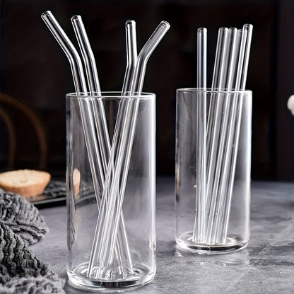 A package containing 6 high borosilicate transparent glass straws and 1 cleaning brush. These heat-resistant, washable, and reusable straws are perfect for enjoying your favorite drinks.