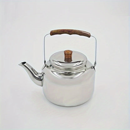 Thickened Water Kettle with Stainless Steel Body and Wood Grain Handle for Indoor and Outdoor Use on Induction Cookers and Gas Stoves