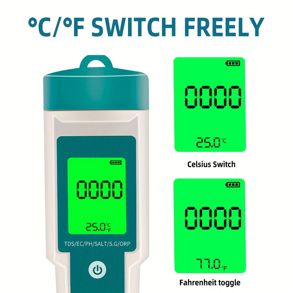 7-in-1 water quality tester with LCD backlight & rust-proof platinum electrode for testing pH, ORP, EC, TDS, GH, S.G, and salinity in home drinking water.