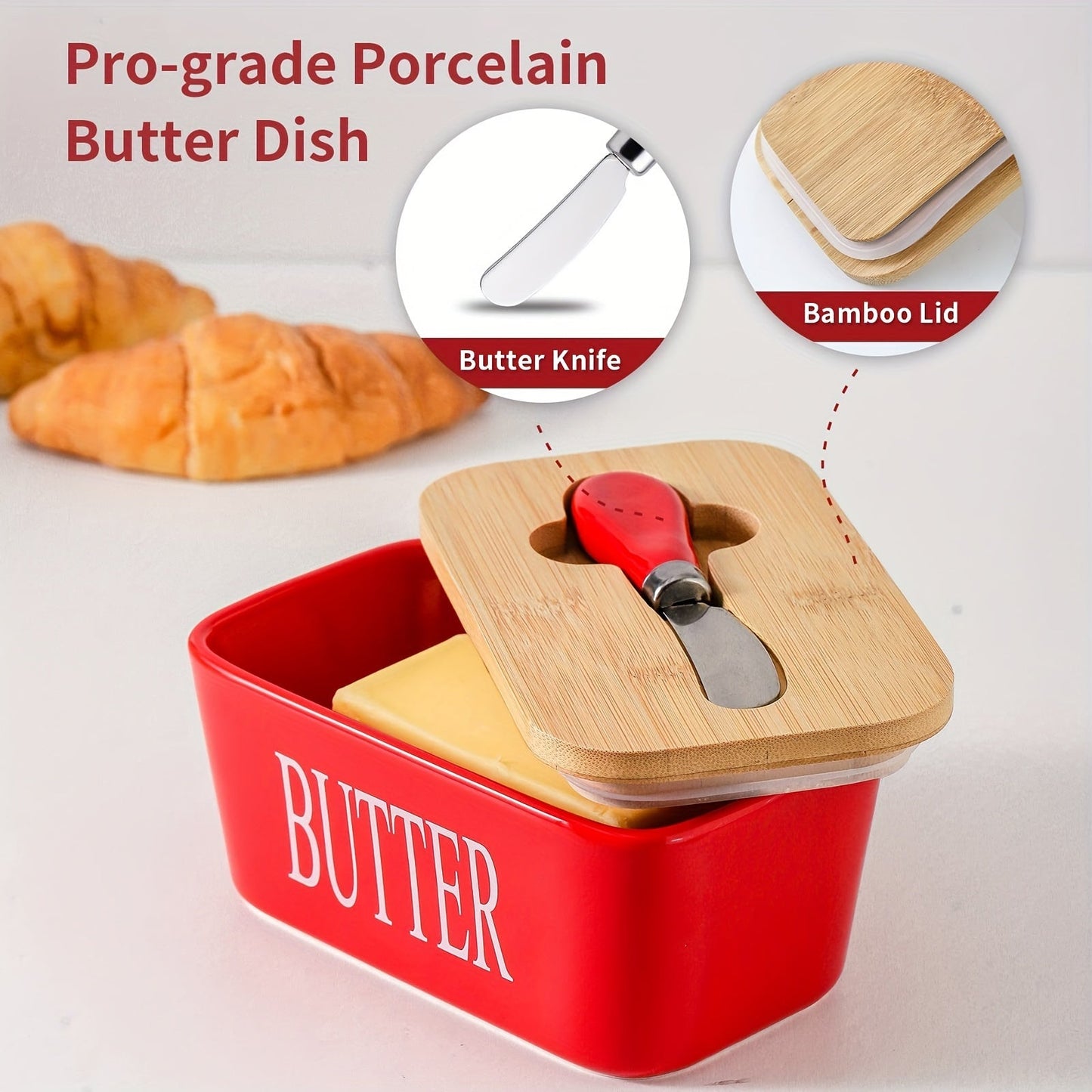 A complete set including a butter dish with a bamboo lid and butter knife, this large ceramic butter box is perfect for kitchen baking and gifting. It serves as an airtight butter keeper container for countertop or refrigerator storage. Ideal for home