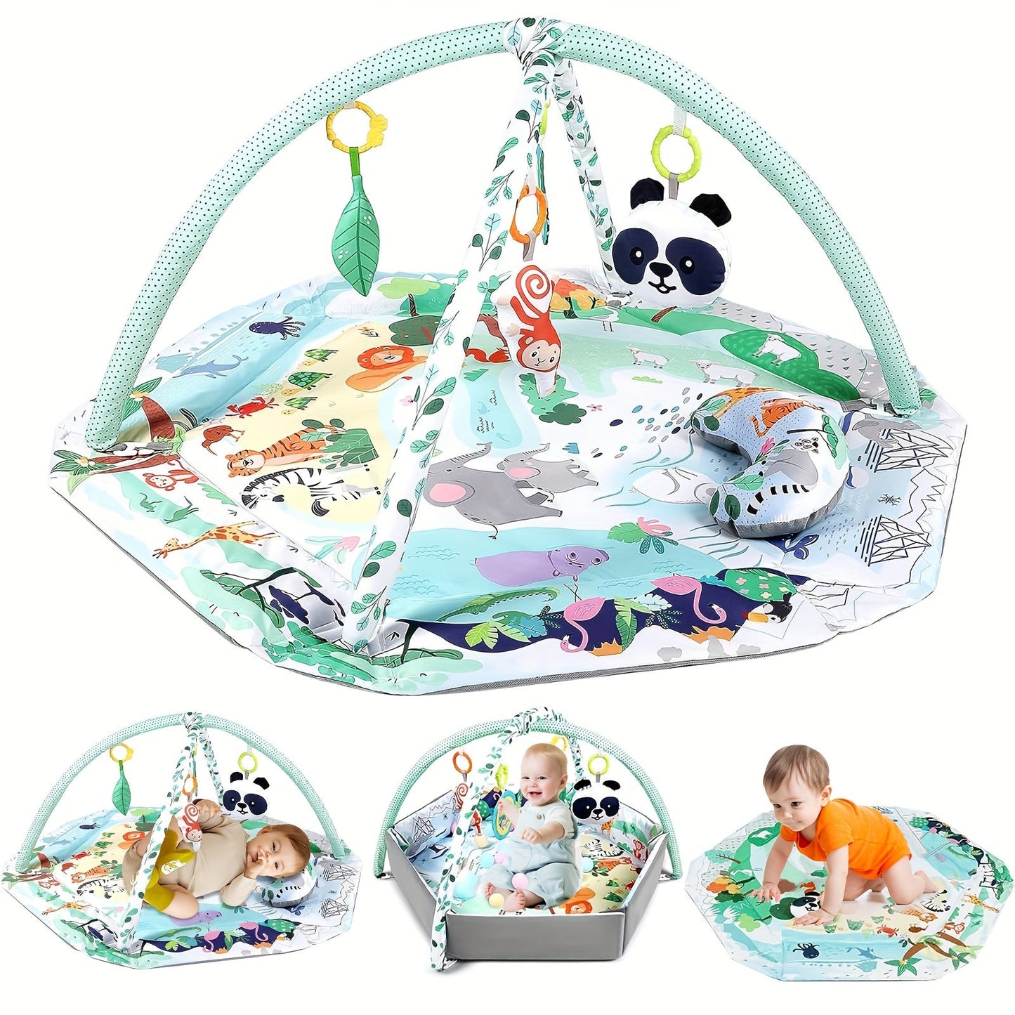 Baby Play Mat Set includes an Activity Gym, Playard Bedding, Sensory Toys, and Ball Pit. Made of Green Polyester, assembly is required. Comes with 18 Ocean Balls for added fun. Helps with early motor skills development for children ages 0-3 years.