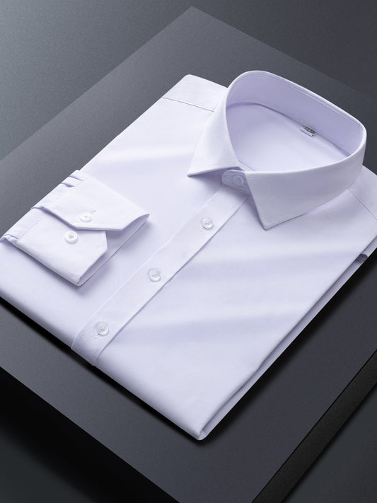 Men's light business style dress shirt made of 96% polyester and 4% spandex blend, featuring a solid color lapel collar woven top with smooth fabric. Regular fit suitable for all seasons