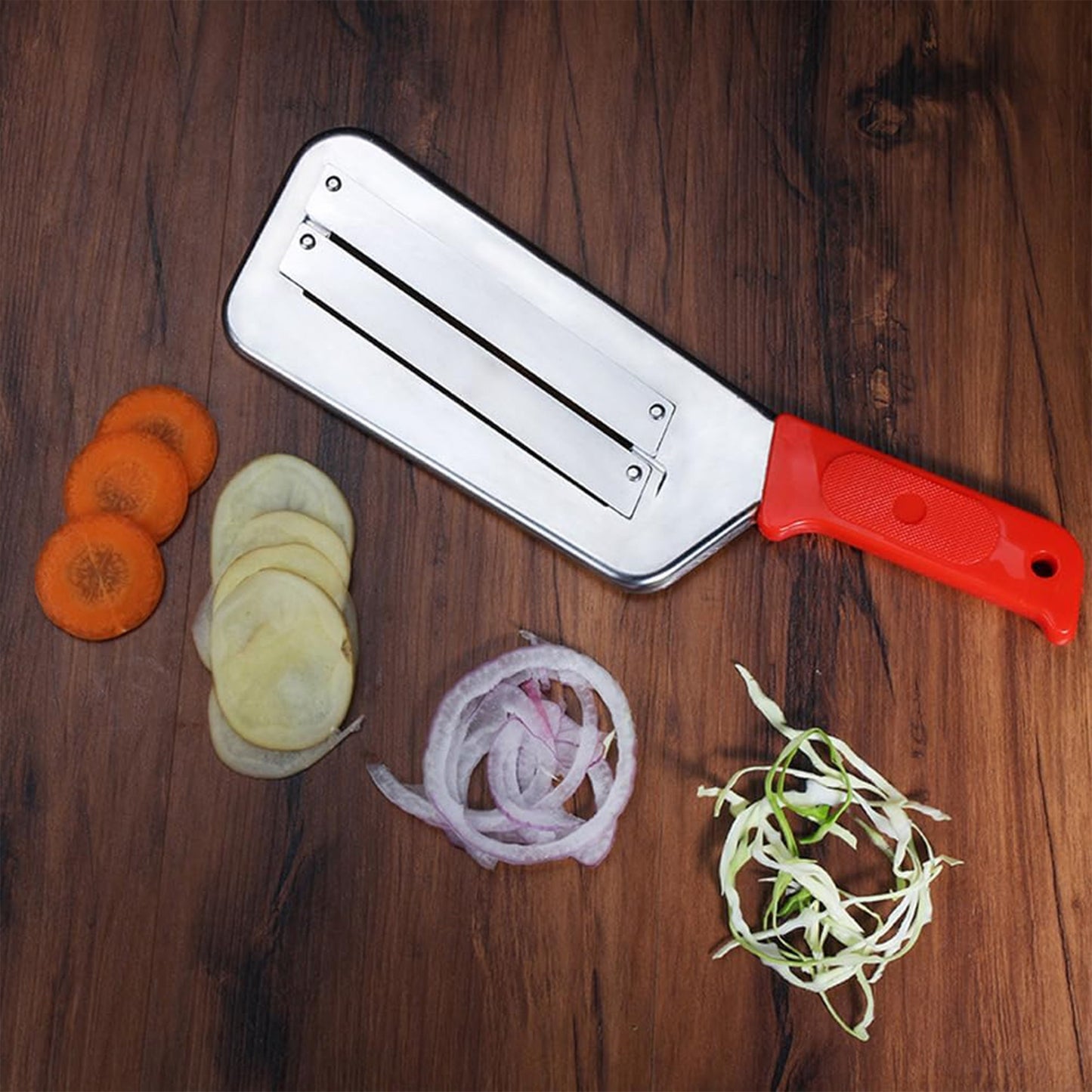 Manual cabbage slicer made of stainless steel - versatile cutter for vegetables and fruits, perfect for use in kitchens and restaurants, specifically designed for shredding cabbage.