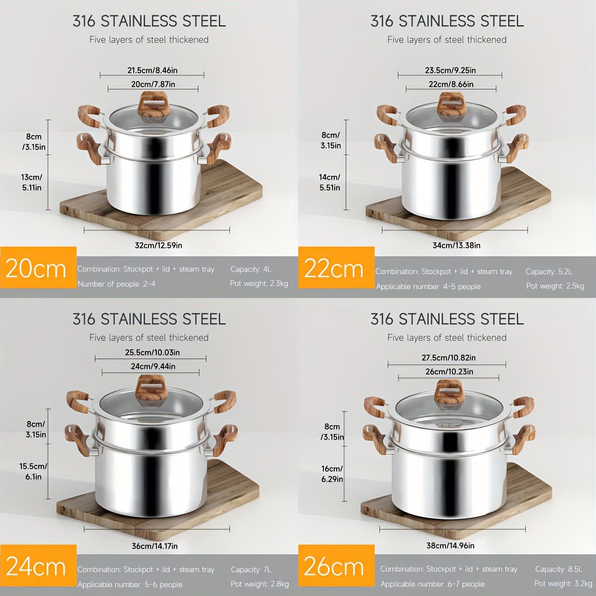 Five-layer composite steel pot for the kitchen, made of thickened food-grade 316 stainless steel. Non-stick and induction cooktop compatible. Features a deep soup pot and thickened steamer with 304 stainless steel lid. Ideal for cooking noodles