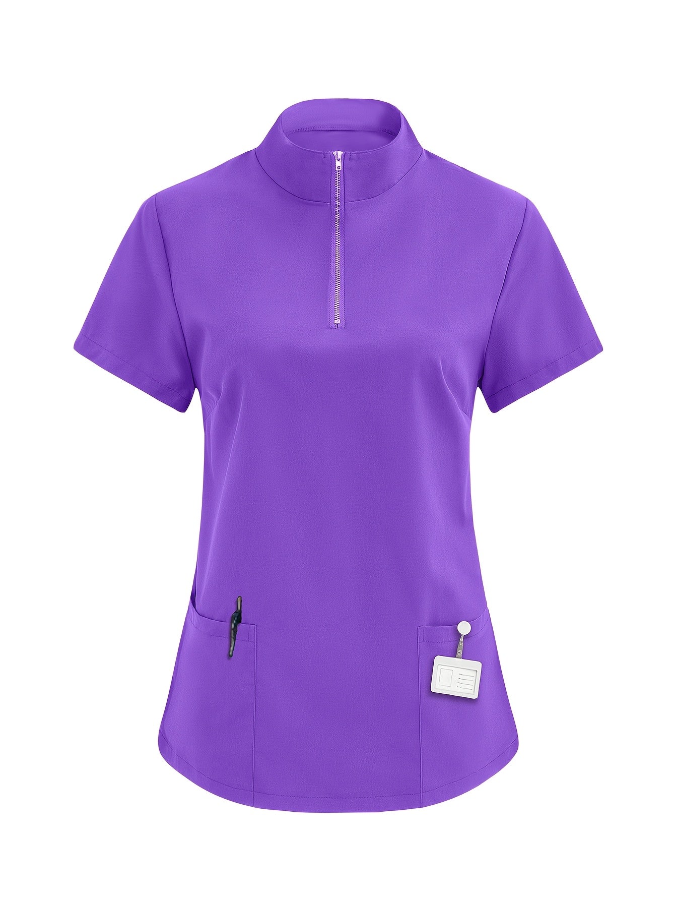 Women's breathable healthcare uniform with solid color polyester scrubs for medical professionals, featuring high neck, pockets, and suitable for all seasons.