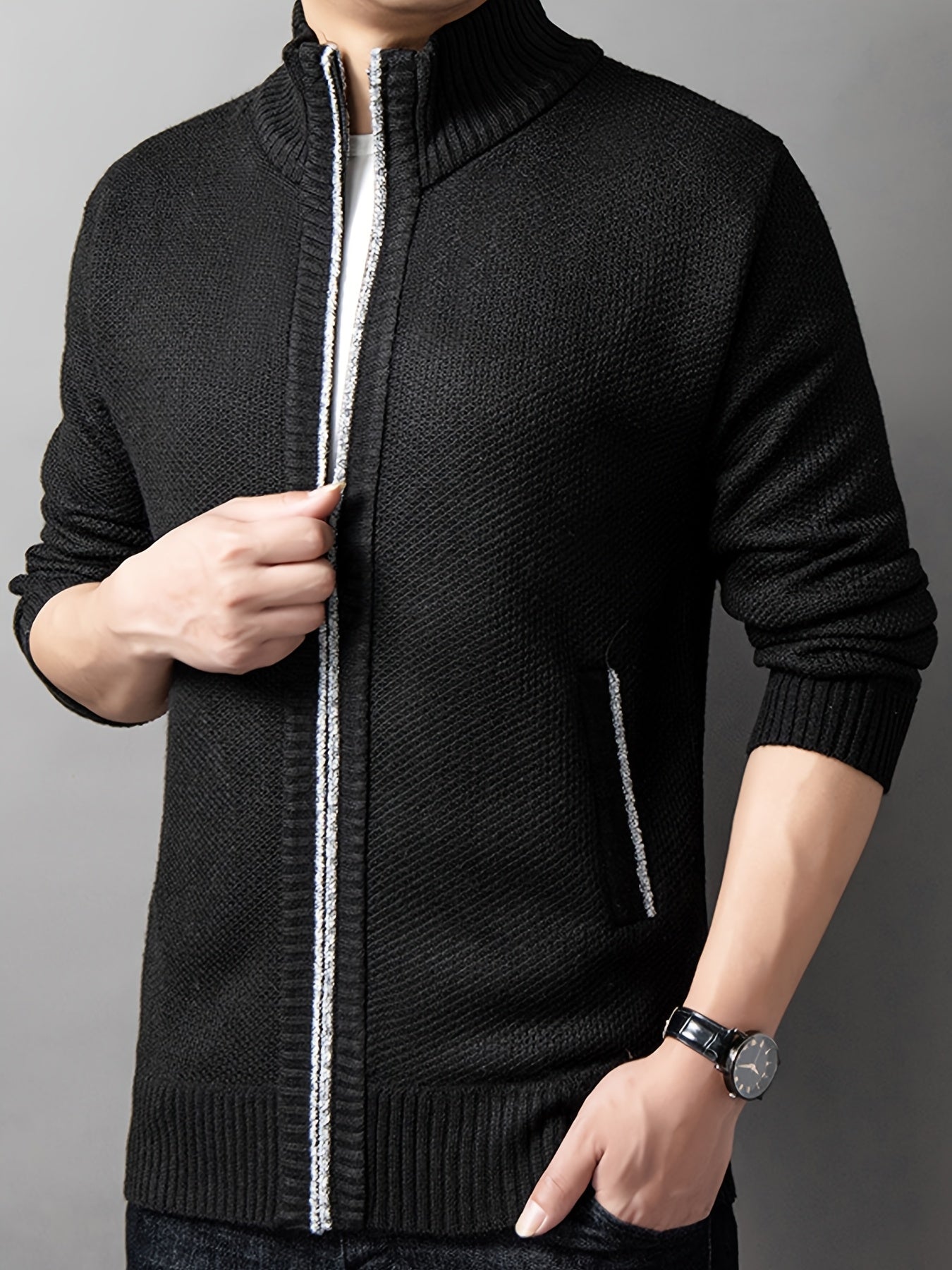 Plus size men's crew neck cardigan sweater made from 100% polyester knit fabric. Features solid color, long sleeves, regular fit, pockets, and zipper detail. Ideal for fall/winter.