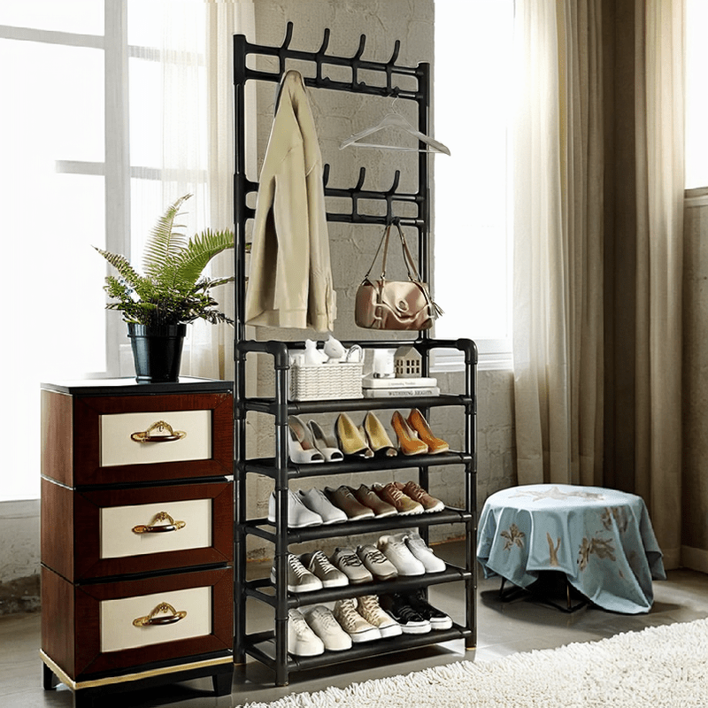 Get organized with the 1pc Modern 5-Tier Plastic Shoe Rack featuring 18 Hooks. This freestanding, waterproof coat and shoe organizer is perfect for your home entrance or dormitory. With easy assembly and sturdy construction, no electricity is needed. It