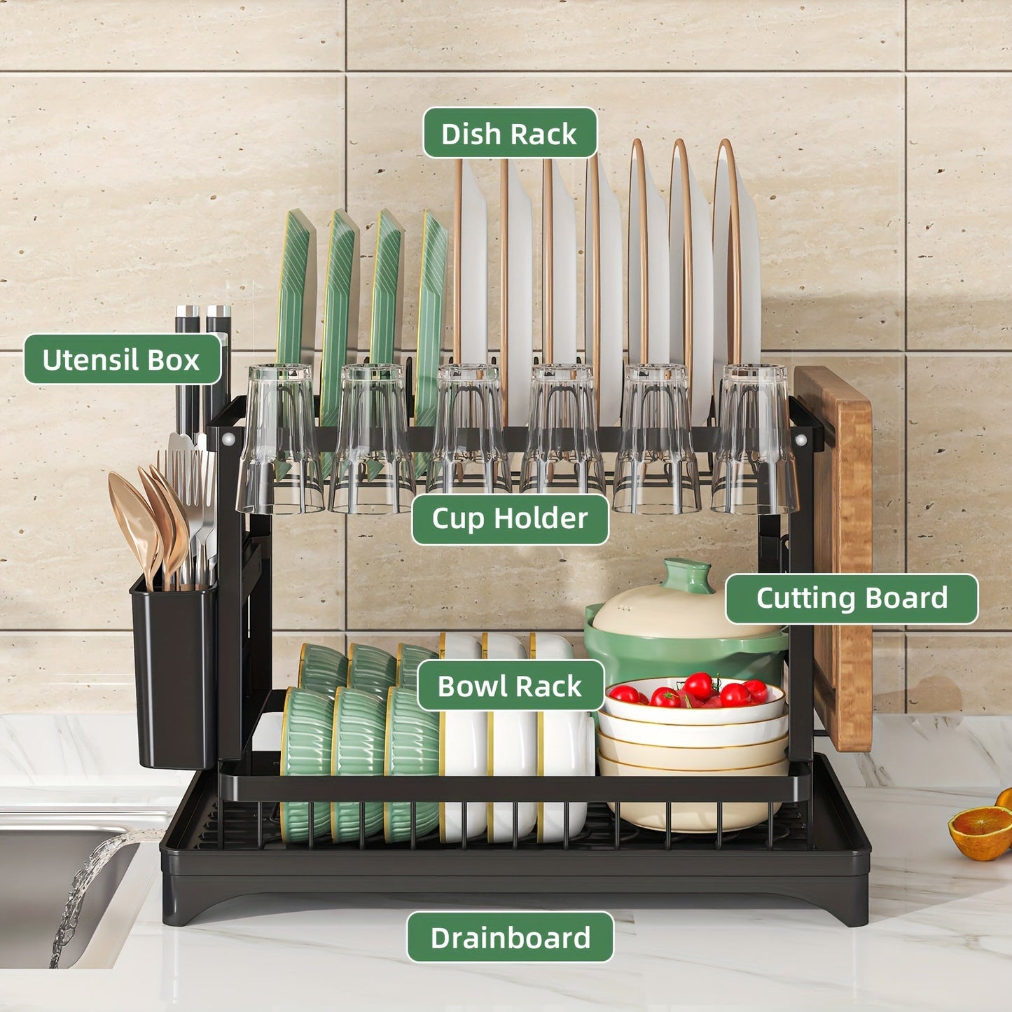 Kitchen Counter Rustproof 2-Tier Dish Drying Rack with Double Layer, Drainboard, and Utensil Holder - Ideal for Kitchen Accessories