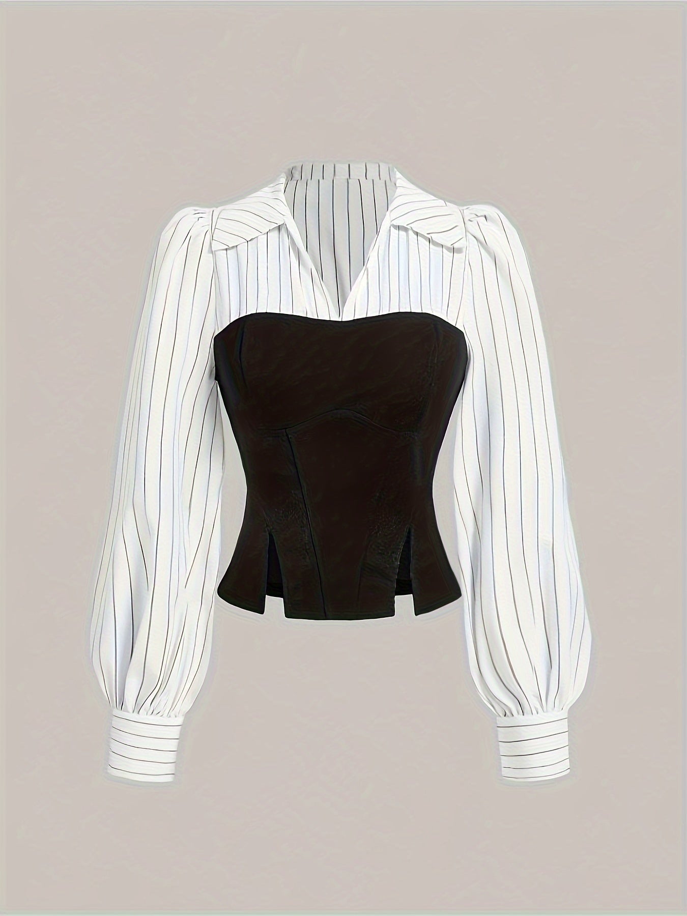 Elegant StripedPatchwork Lapel Collar Shirt, 100% Polyester Women's Casual Shirt for Spring/Summer.