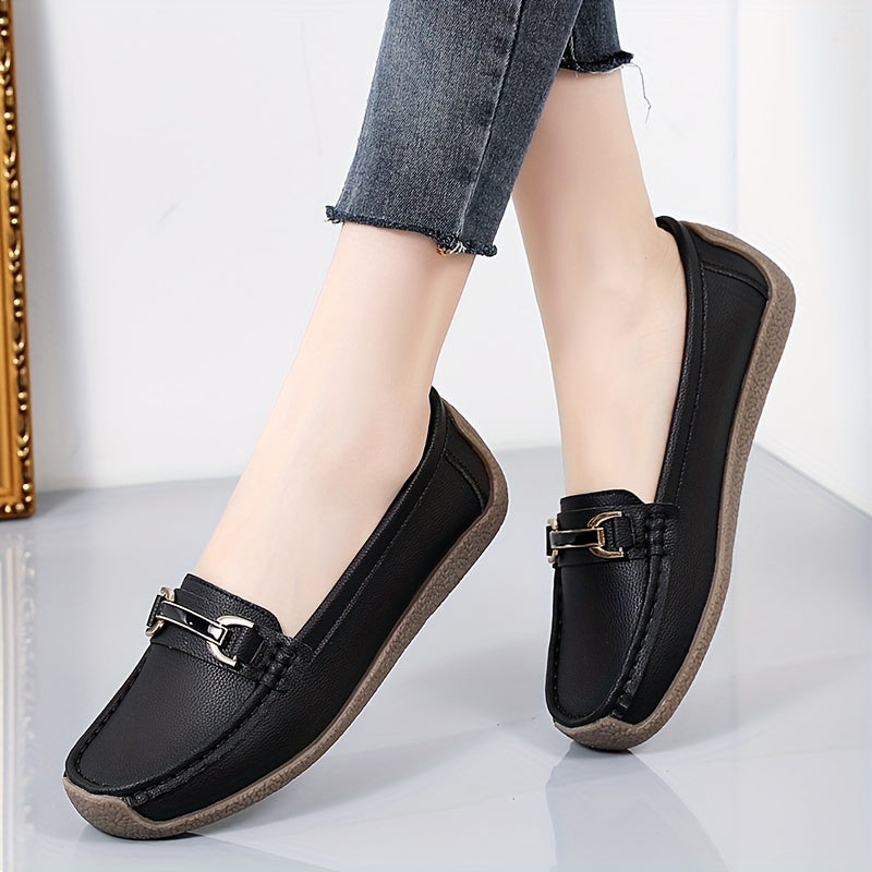 Women's metal decor loafers, casual slip-on flat shoes with lightweight faux leather material.