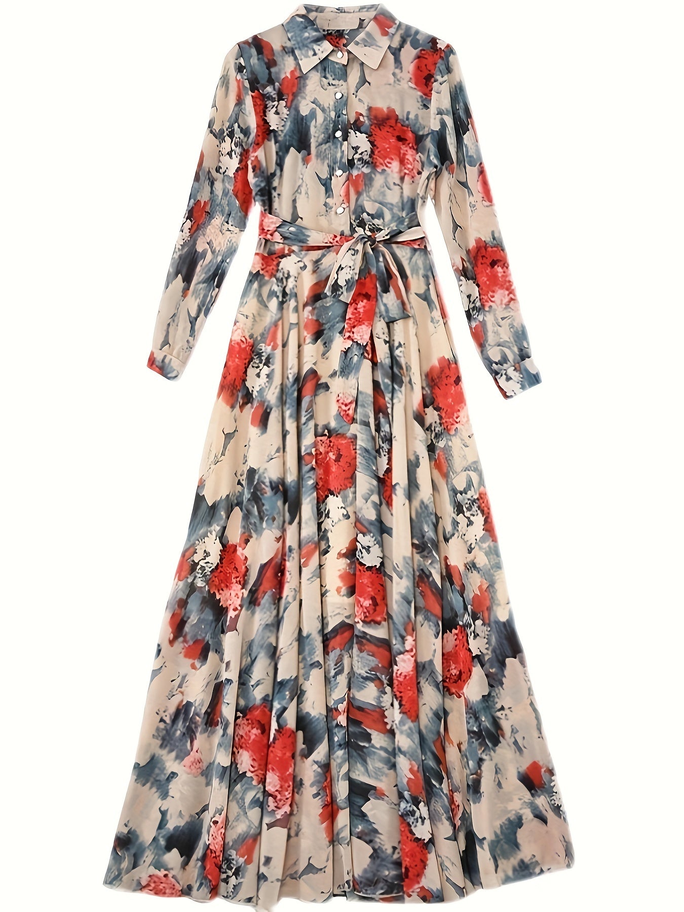 Women's elegant long sleeve floral maxi dress made of 100% polyester woven fabric with a lapel collar, A-line silhouette, and part of the Middle East Collection. Ideal for spring/fall.