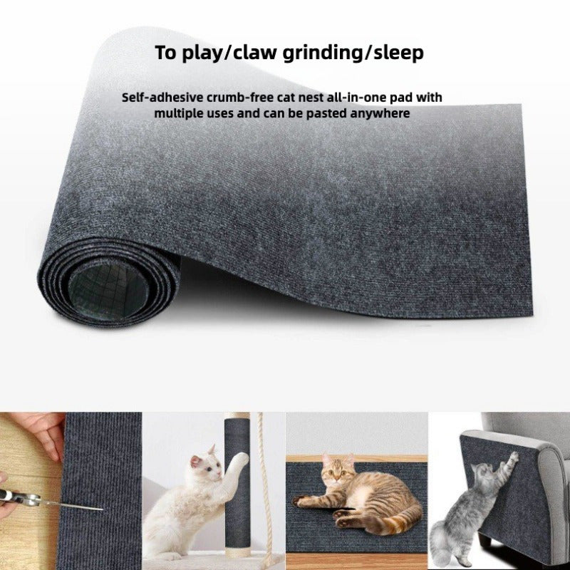 Wall-mounted cat scratching mat made of durable, fluff-free polyester with self-adhesive backing, cut-to-fit for all breeds.