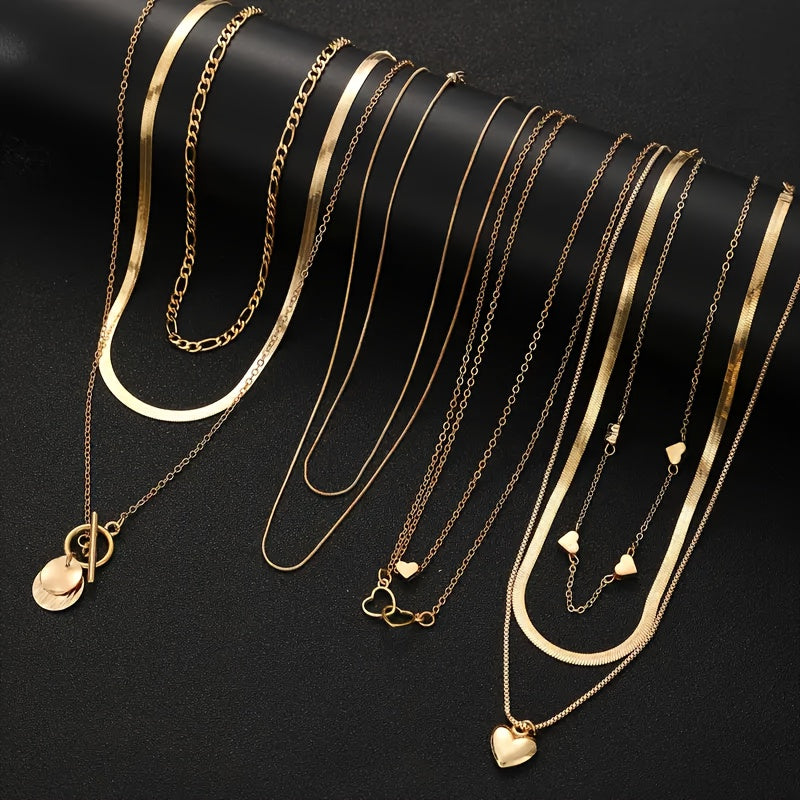 Set of 10 Elegant Minimalist Punk Style Layered Flat Snake Chain Necklaces with Fashionable Heart Pendants for Women. Multi-Layered Stackable Jewelry Set, Perfect for Daily Wear or Parties. Versatile and Stylish Accessory, Ideal for Hip-Hop Streetwear