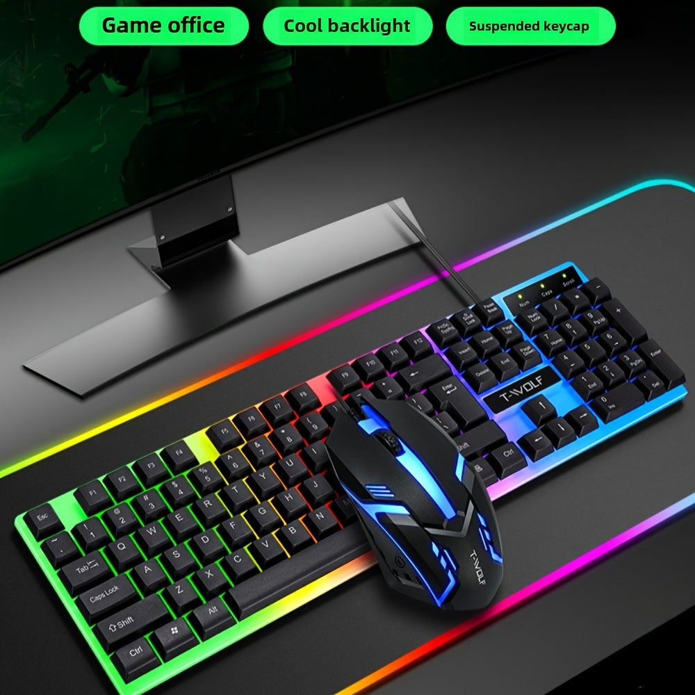 T-WOLF TF230 illuminated keyboard and mouse set for gaming and office use