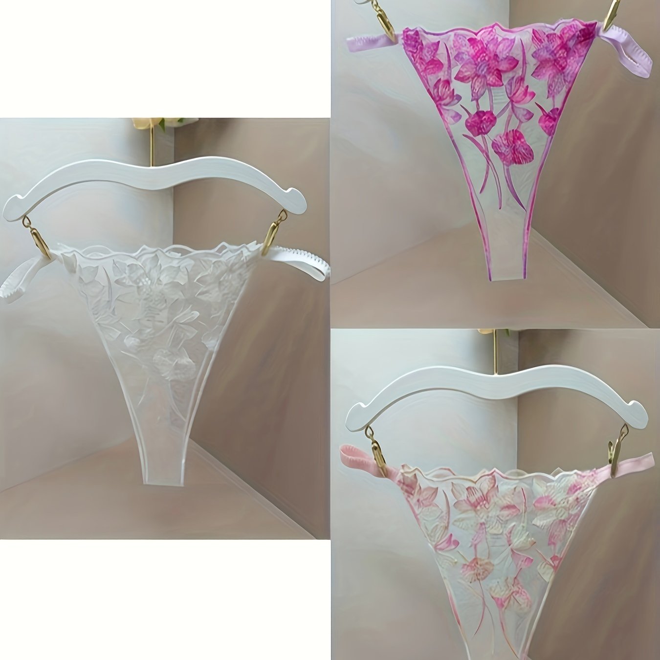 Women's sheer mesh thong panties with embroidered floral design and open crotch, featuring bow detail. Soft and breathable lingerie.