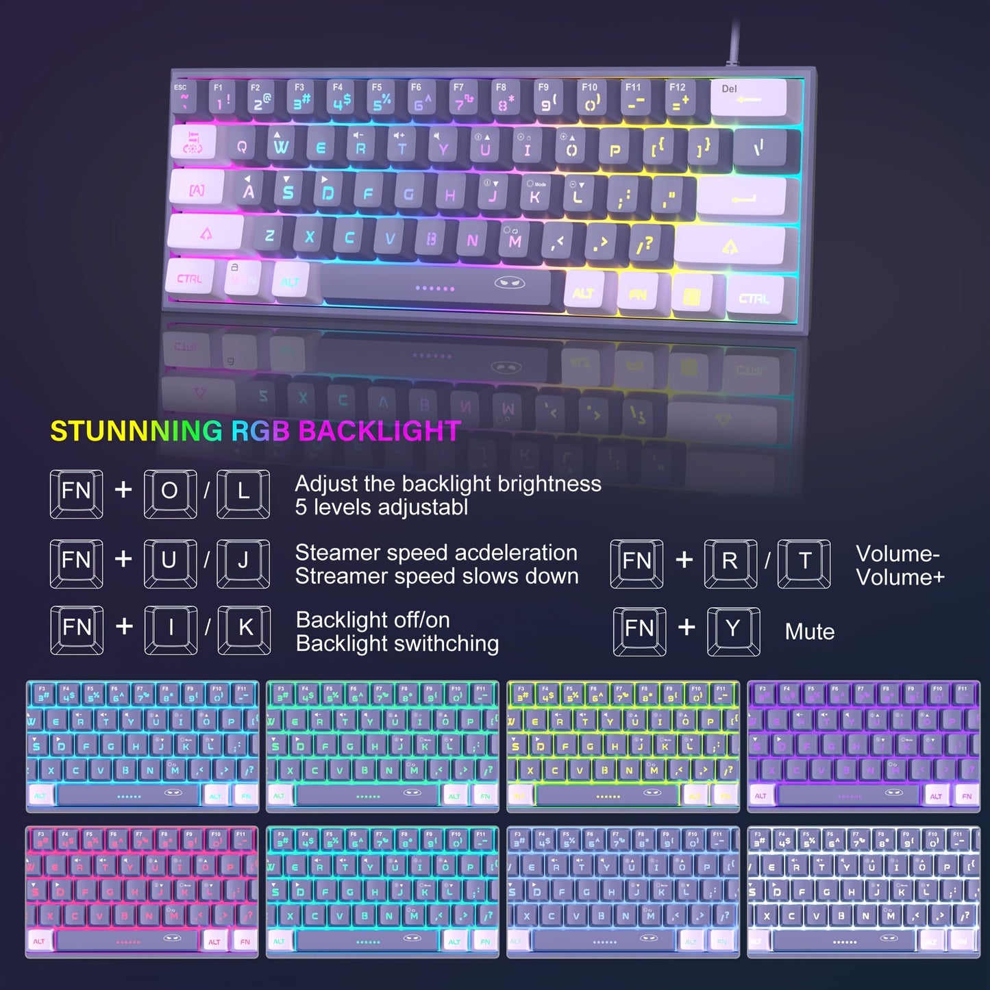 MAGEGEE Compact 60% Gaming Keyboard with RGB Backlight in Violet color, USB-powered, Customizable Lighting Modes, Durable PBT Keycaps, Ergonomic TS91 Design, Suitable for PC, MAC, PS4