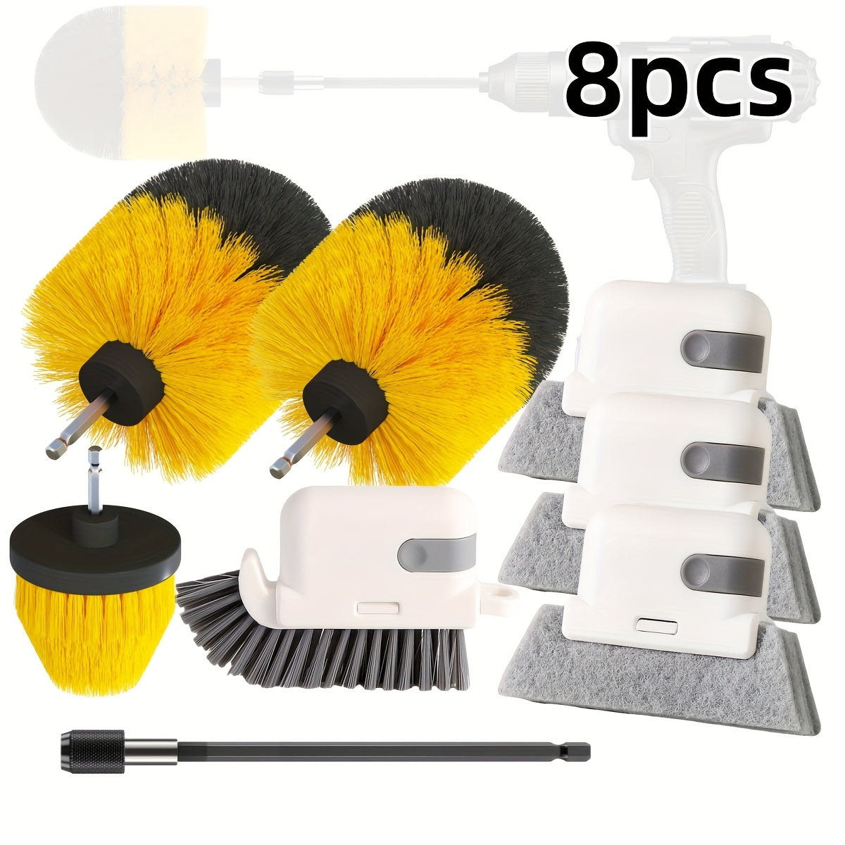 A versatile cleaning tool set featuring 8/12/24 drill brush accessories, an electric brush, extension rod, window brush, and blind spot brush. Ideal for use in the bathroom, kitchen, toilet, car, walls, and glass surfaces. Perfect for all your cleaning