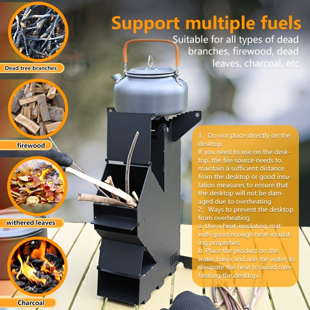 Portable rocket stove made of titanium alloy and stainless steel, perfect for camping, BBQ, picnic. Can burn multiple fuels such as charcoal and wood without the need for electricity. Durable metal construction with storage bag included.