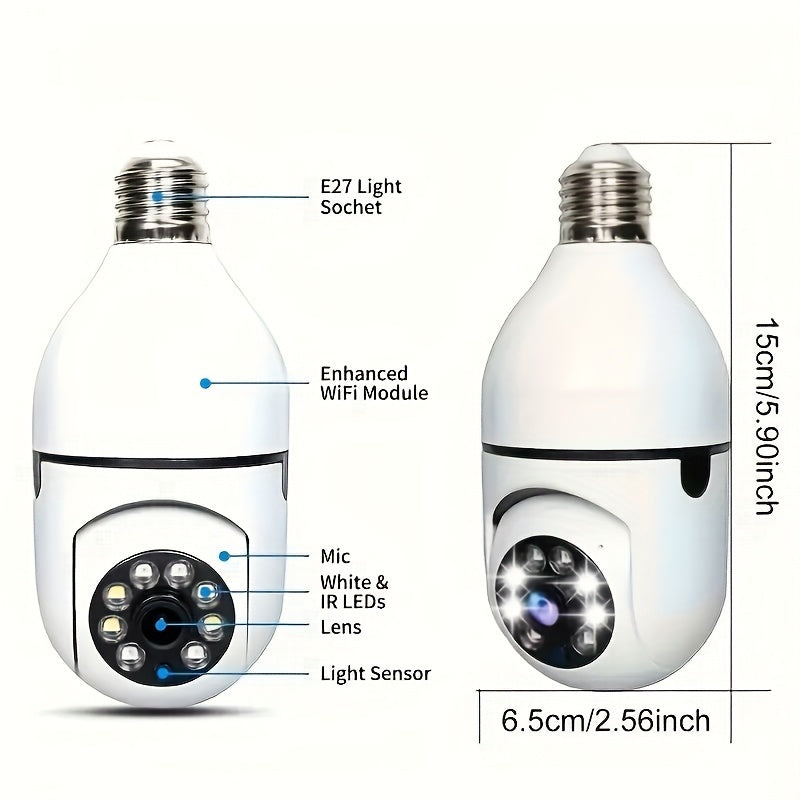 Light bulb security camera with E27 connector, featuring home WiFi capabilities. This 360-degree pan/tilt panoramic surveillance camera offers two-way audio functionality. Suitable for use both indoors and outdoors, this 2.4G IP camera does not come with