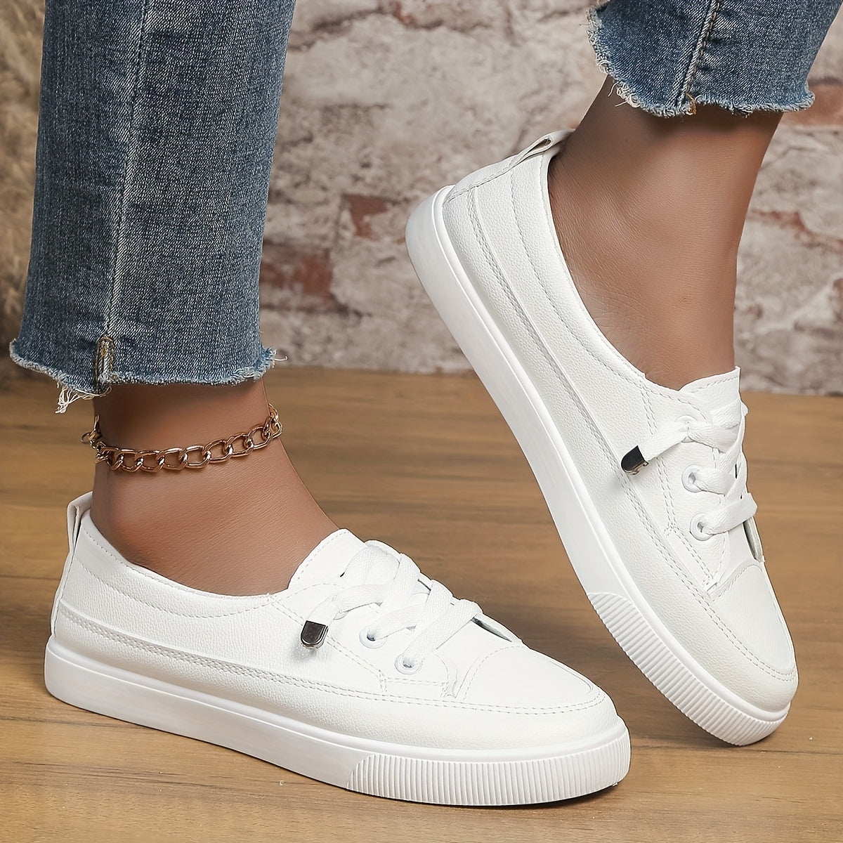 Women's casual flat white sneakers - versatile and easy to wear.