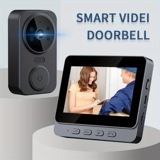 WiFi video doorbell with HD display, two-way audio, touch control, rechargeable battery, wall-mountable camera, night vision, no app needed.