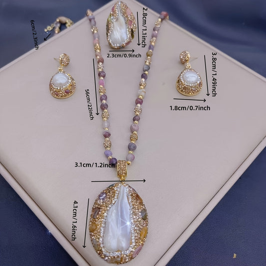 Handcrafted Vintage Bohemian Style 3-Piece Jewelry Set featuring Elegant Baroque Pearl and Tourmaline, adorned with 14K Golden Plating. Perfect for Women, this set includes Freshwater Pearl and Tourmaline pieces suitable for All-Season Wear. Elevate your