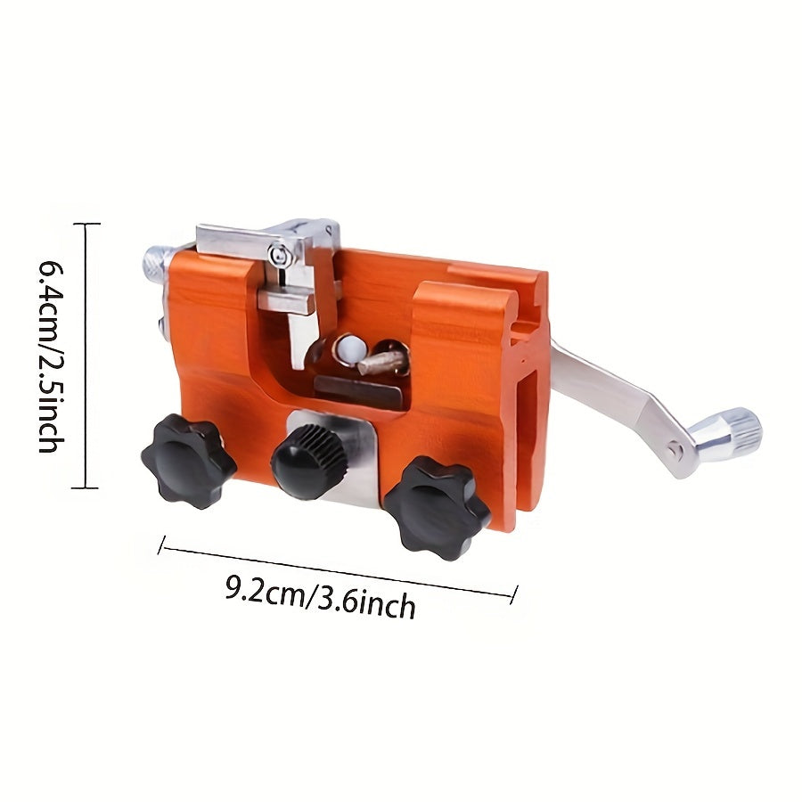 Portable chainsaw sharpener with 3 grinding stones, 2 nuts, and 1 wrench for manual sharpening in the field.