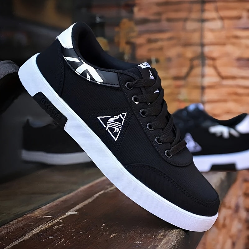 Men's black skate shoes with breathable canvas upper, non-slip sole, and versatile lace-up design for outdoor activities and casual wear.