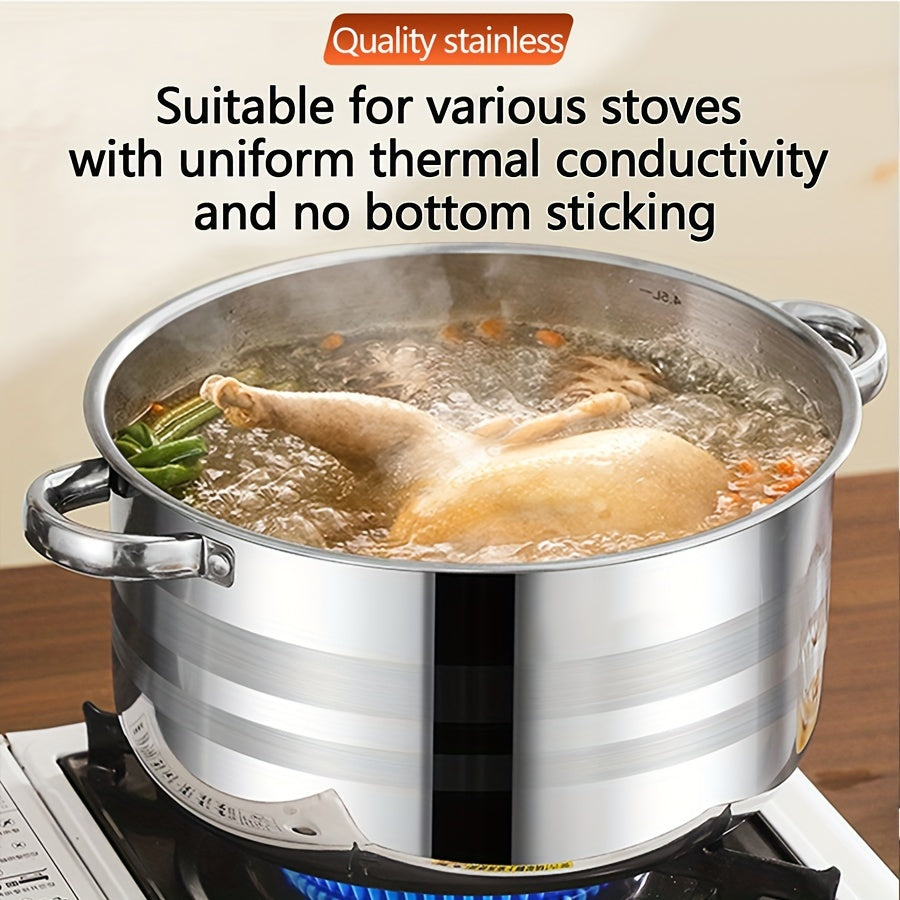 This set includes 10 stainless steel pots with sizes ranging from 16.99cm to 25.5cm. Each pot comes with a lid and is designed for use with both induction cookers and gas stoves. The pots feature double handles and deep lids, making them ideal for