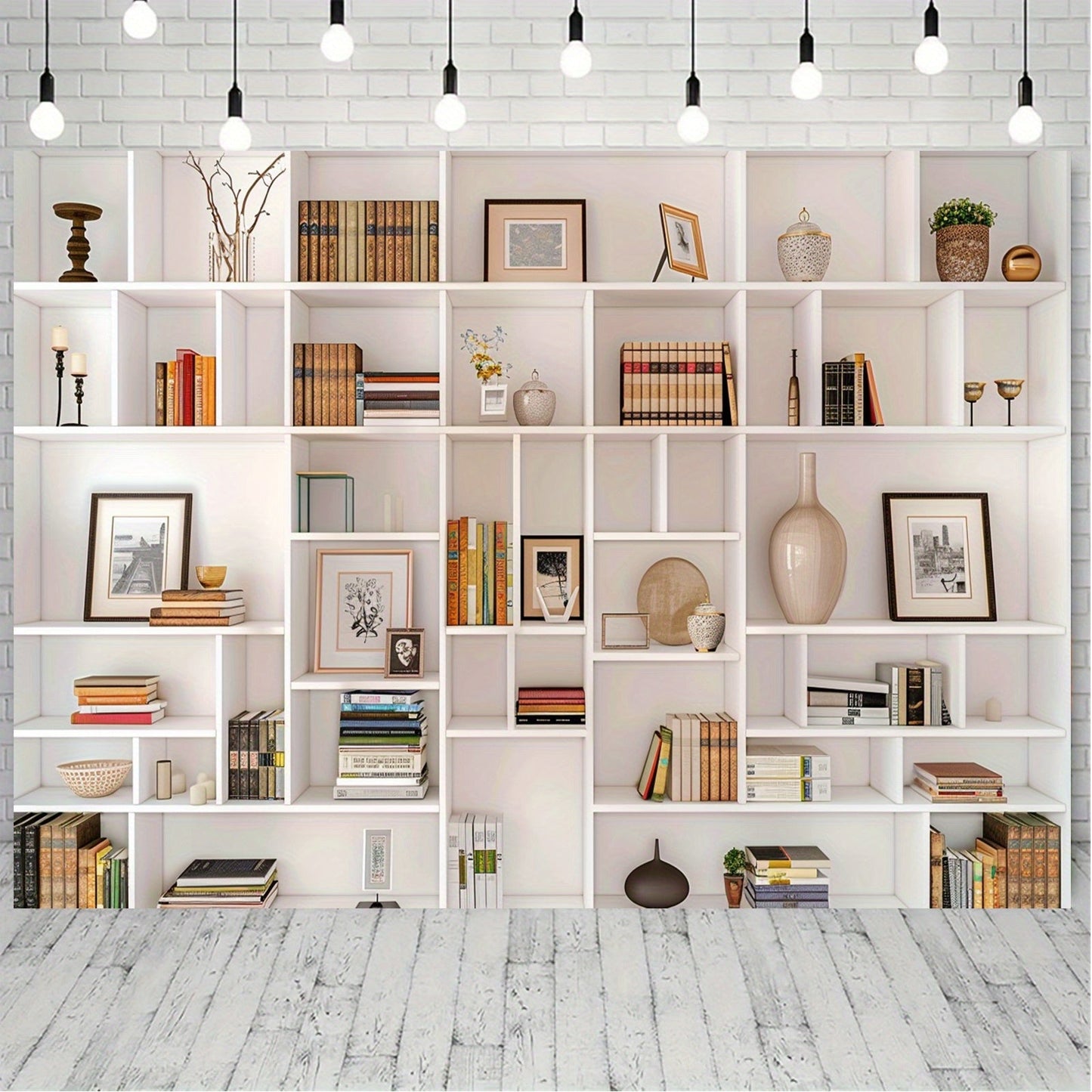 White Bookshelf Backdrop - Utilize for Office, Zoom Calls, Parties & Beyond - Made of Polyester, Requires No Power