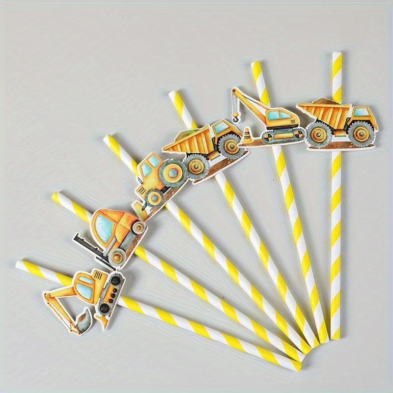 Set of 6 Construction-Themed Paper Straws featuring Yellow Striped Engineer Vehicles - Perfect for Birthday Parties, Baby Showers, Graduations, and Gender Reveals. Decorate your cups with Cartoon Trucks, Excavators, and Cranes!