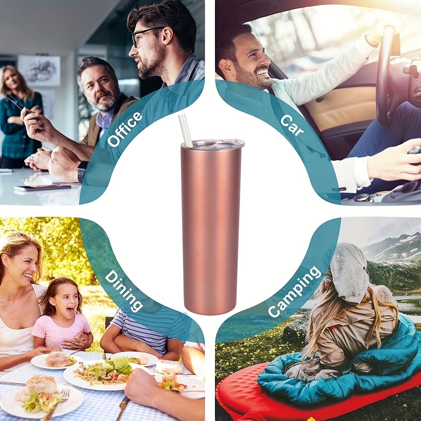 20oz skinny tumbler with stainless steel double wall and vacuum insulation, includes lid and straw.