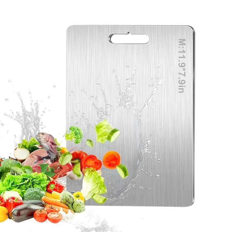 Metal chopping block for kitchen with carrying handle made of stainless steel - sturdy, versatile, and food-safe cutting surface for preparing fruits and vegetables