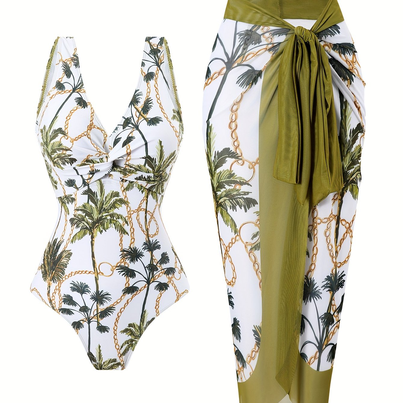 Tropical palm print two-piece swimsuit set made with high stretch knit fabric includes a V-neck one-piece swimwear and sheer sarong with removable pads, suitable for all seasons as