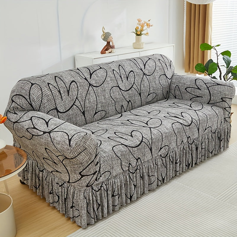 Bohemian Rabbit Print Stretch Sofa Cover with Skirt, Elastic, Machine Washable, Dustproof Slipcover for Sofas, Suitable for Living Room Decor.