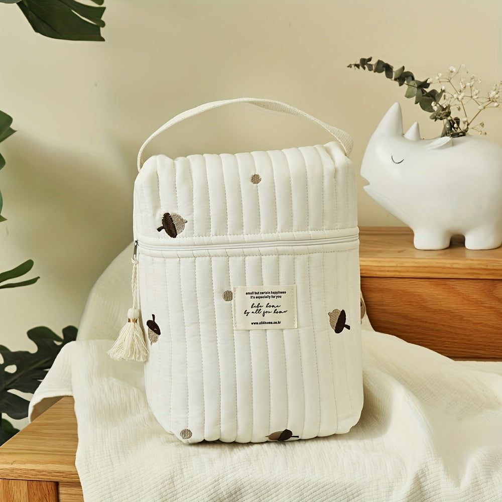 Diaper wipes bag made of cotton with high-end embroidery. Can be used as a feeding bottle diaper storage bag, baby stroller hanging bag, mother storage bag, or handbag with zipper closure.